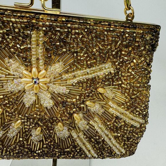 Gold Evening Bag beaded 7”‎ Kiss Lock Vintage - Picture 2 of 9